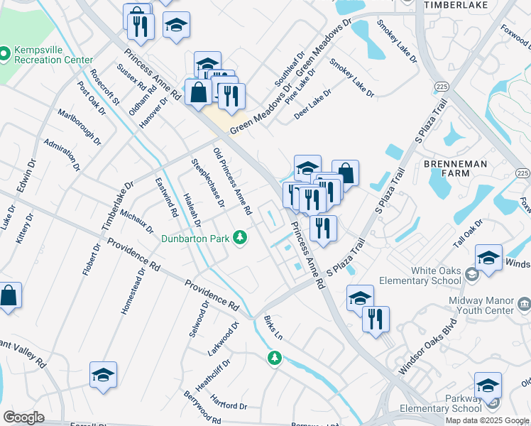 map of restaurants, bars, coffee shops, grocery stores, and more near 4528 Shallowford Circle in Virginia Beach