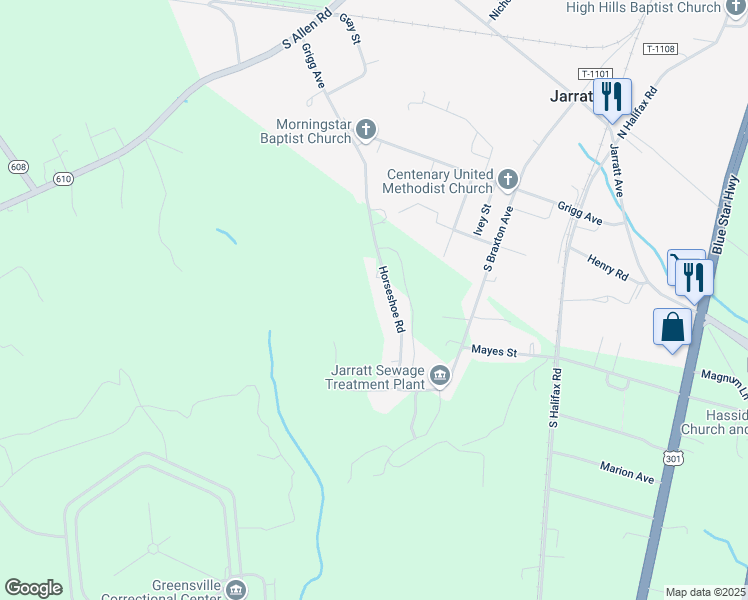 map of restaurants, bars, coffee shops, grocery stores, and more near 371 Horseshoe Road in Jarratt