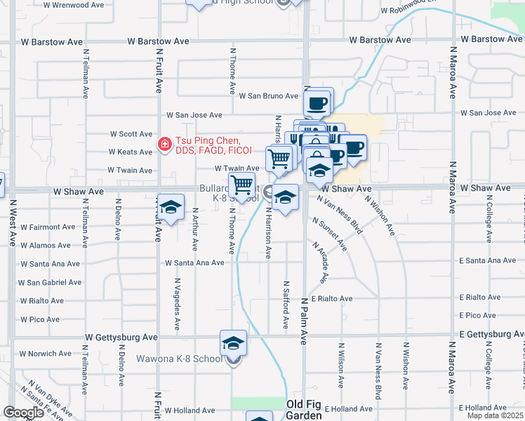 map of restaurants, bars, coffee shops, grocery stores, and more near 4933 North Harrison Avenue in Fresno