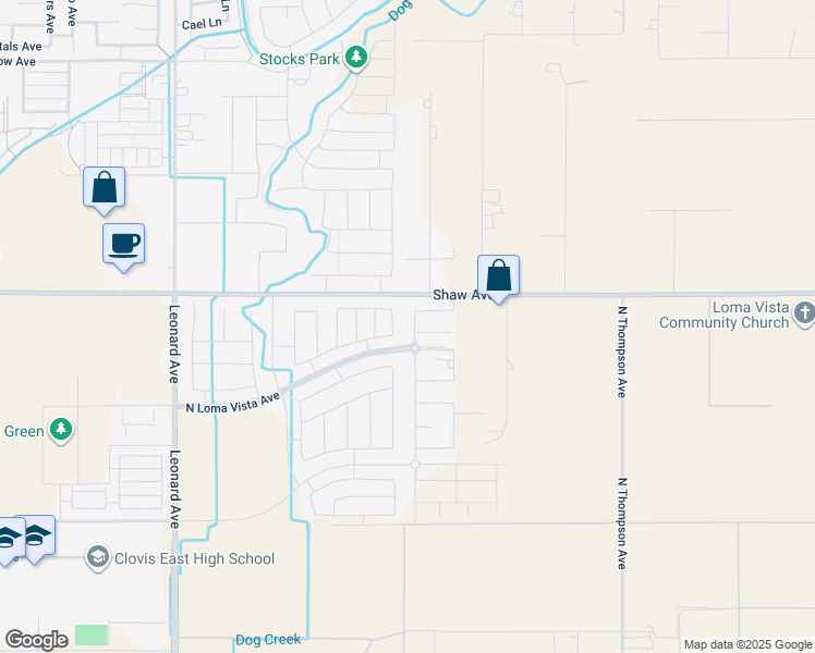 map of restaurants, bars, coffee shops, grocery stores, and more near 2165 Las Rosas Avenue in Clovis