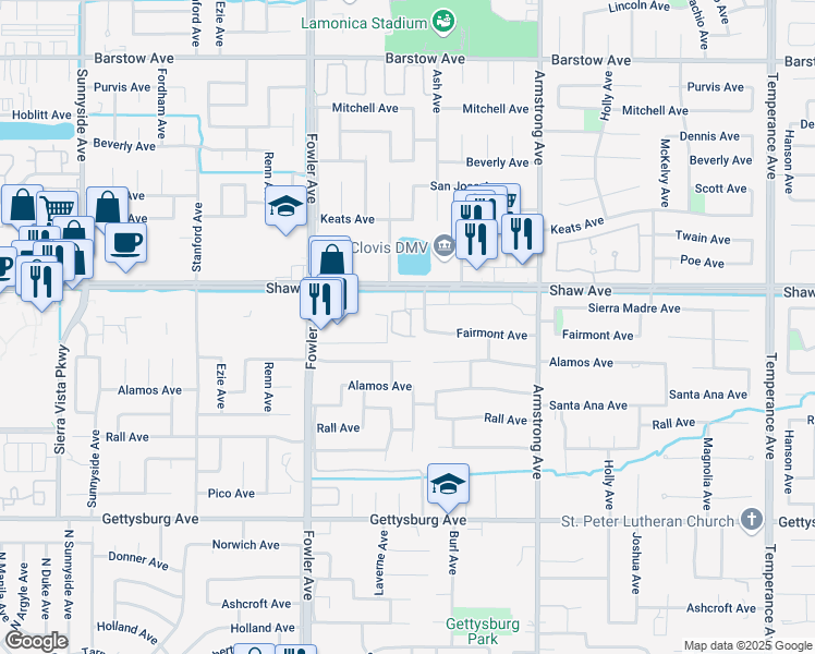 map of restaurants, bars, coffee shops, grocery stores, and more near 2004 Fairmont Avenue in Clovis