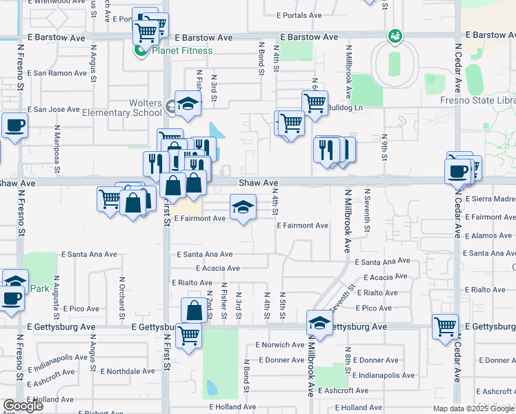 map of restaurants, bars, coffee shops, grocery stores, and more near 3391 East Fairmont Avenue in Fresno