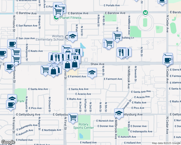map of restaurants, bars, coffee shops, grocery stores, and more near 3357 East Fairmont Avenue in Fresno