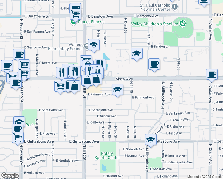 map of restaurants, bars, coffee shops, grocery stores, and more near 3327 East Fairmont Avenue in Fresno