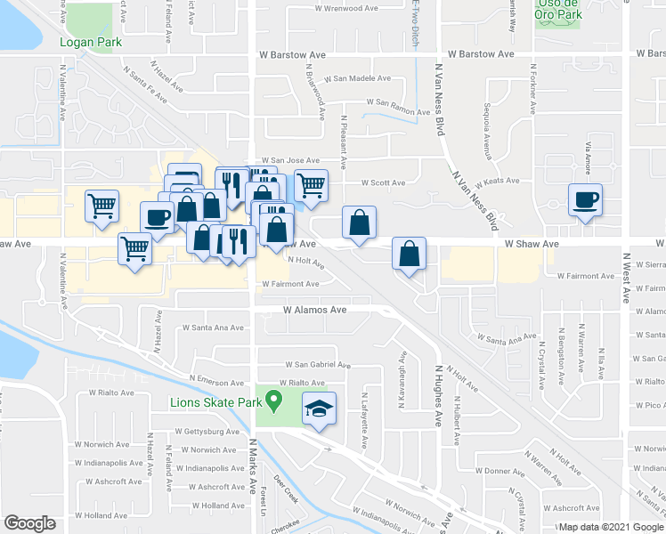 map of restaurants, bars, coffee shops, grocery stores, and more near 2602 West Fairmont Avenue in Fresno