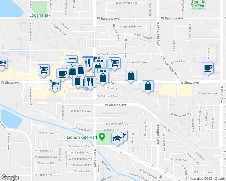 map of restaurants, bars, coffee shops, grocery stores, and more near 2730 West Fairmont Avenue in Fresno