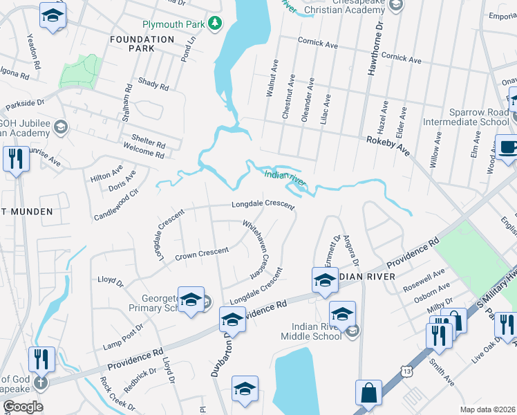 map of restaurants, bars, coffee shops, grocery stores, and more near 524 Whitehaven Crescent in Chesapeake