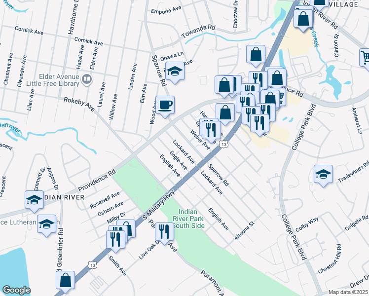 map of restaurants, bars, coffee shops, grocery stores, and more near 1808 Lockard Avenue in Chesapeake