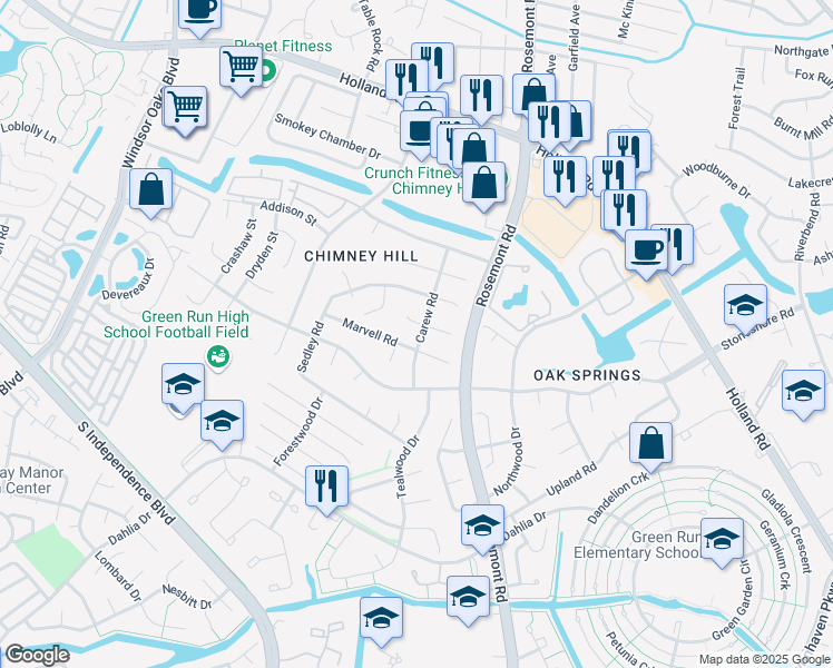 map of restaurants, bars, coffee shops, grocery stores, and more near 877 Carew Road in Virginia Beach