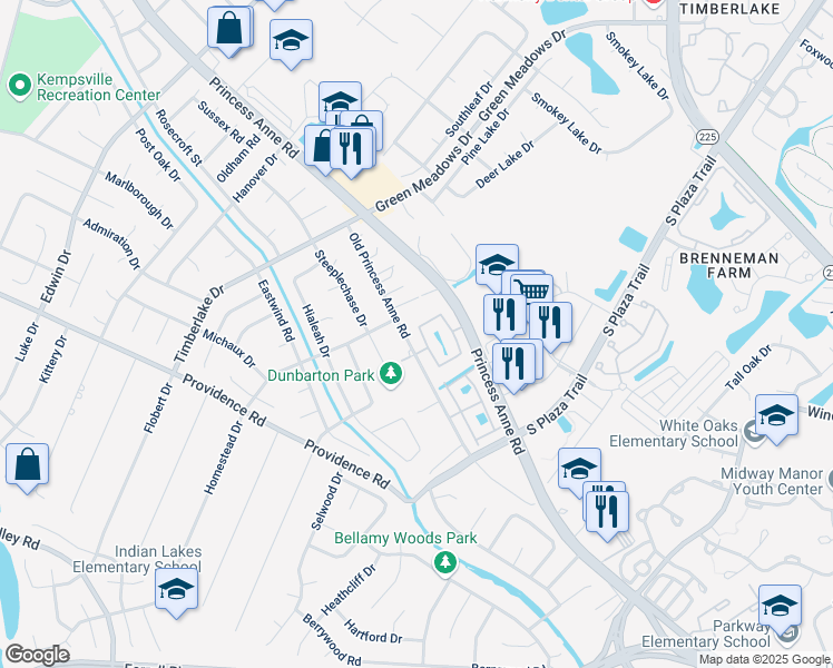 map of restaurants, bars, coffee shops, grocery stores, and more near 4533 Shallowford Circle in Virginia Beach