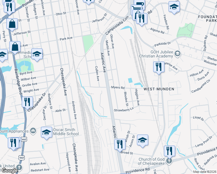 map of restaurants, bars, coffee shops, grocery stores, and more near Atlantic Ave & Myers Rd in Chesapeake