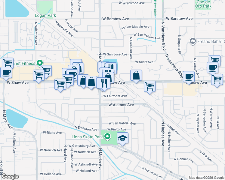 map of restaurants, bars, coffee shops, grocery stores, and more near 4989 North Holt Avenue in Fresno