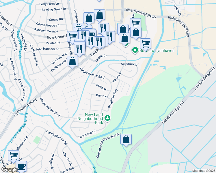 map of restaurants, bars, coffee shops, grocery stores, and more near 2901 Cardini Place in Virginia Beach