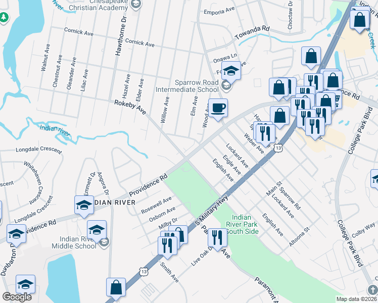 map of restaurants, bars, coffee shops, grocery stores, and more near 801 Turtle Dove Court in Chesapeake