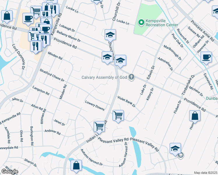 map of restaurants, bars, coffee shops, grocery stores, and more near 5001 Cotswold Landing in Virginia Beach