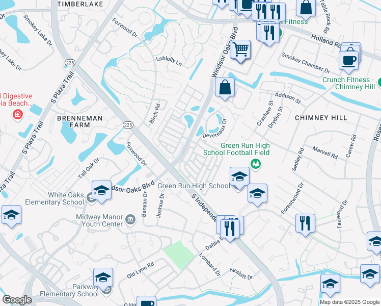 map of restaurants, bars, coffee shops, grocery stores, and more near 3616 Cainhoy Lane in Virginia Beach