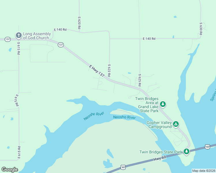 map of restaurants, bars, coffee shops, grocery stores, and more near 62114 East 145 Road in Fairland
