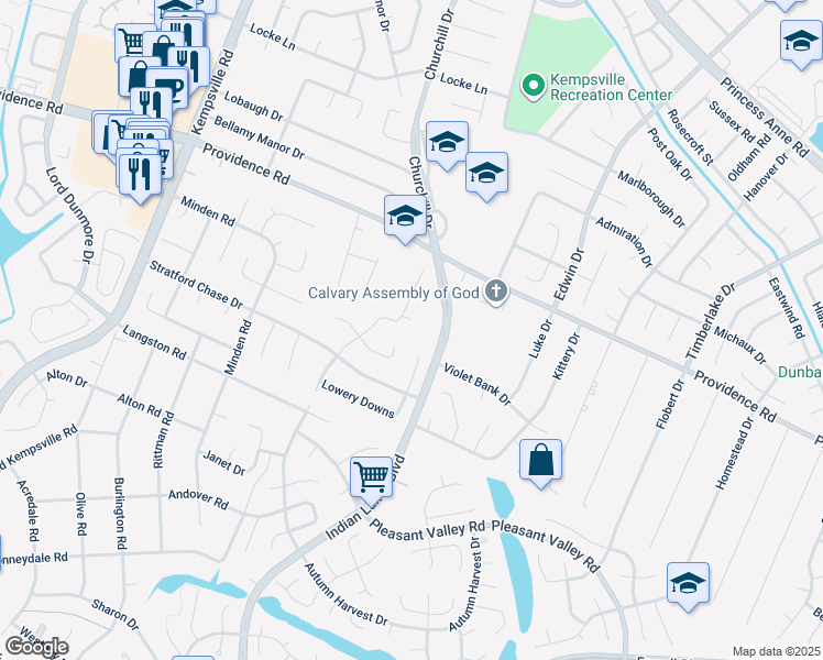 map of restaurants, bars, coffee shops, grocery stores, and more near 5001 Cotswold Landing in Virginia Beach