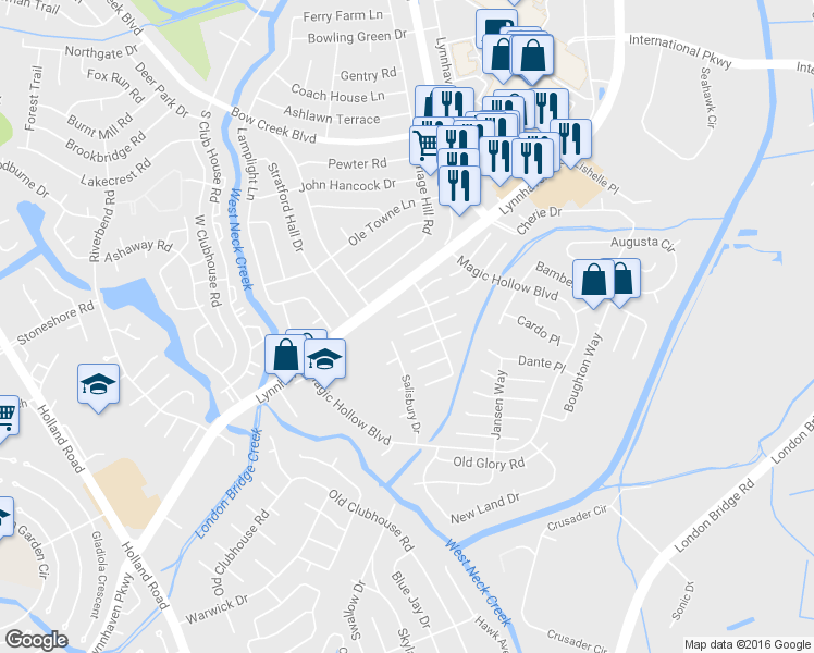 map of restaurants, bars, coffee shops, grocery stores, and more near 3070 Breslaw Court in Virginia Beach