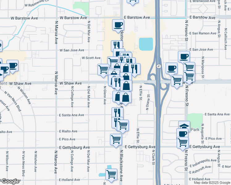 map of restaurants, bars, coffee shops, grocery stores, and more near 4909 North Blackstone Avenue in Fresno