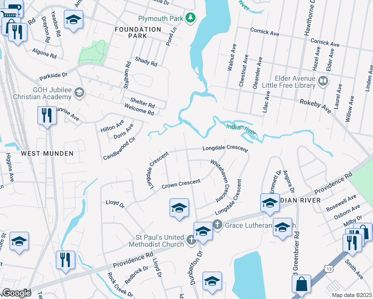 map of restaurants, bars, coffee shops, grocery stores, and more near Longdale Crescent in Chesapeake