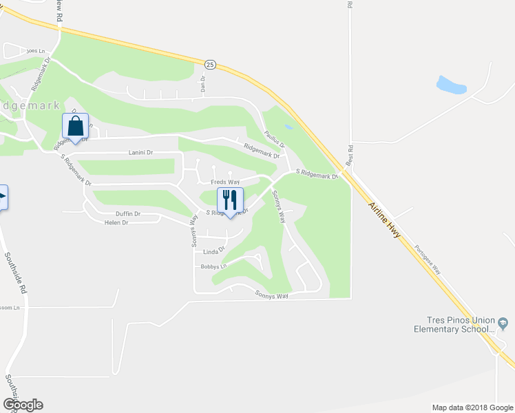 map of restaurants, bars, coffee shops, grocery stores, and more near 1260 South Ridgemark Drive in Hollister