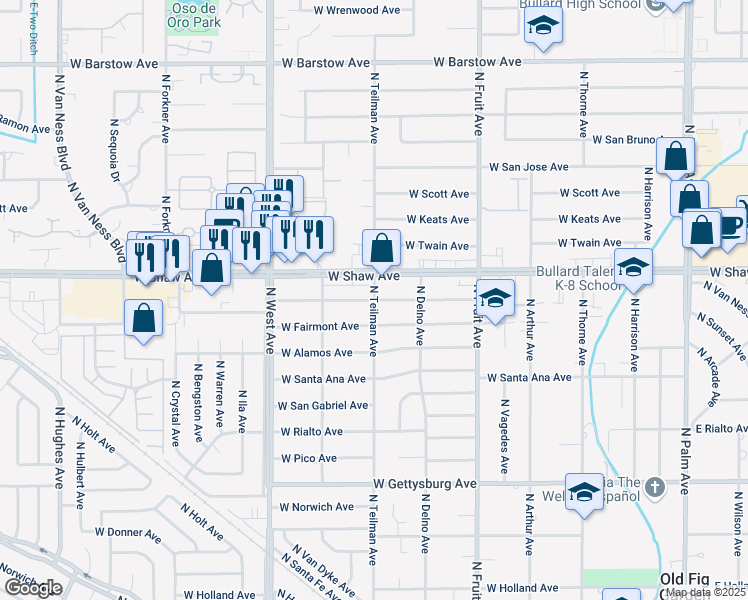 map of restaurants, bars, coffee shops, grocery stores, and more near 900 West Sierra Madre Avenue in Fresno
