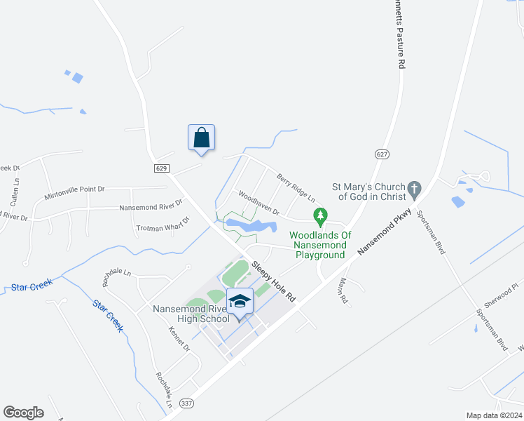 map of restaurants, bars, coffee shops, grocery stores, and more near 222 Woodhaven Drive in Suffolk