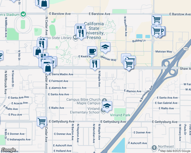 map of restaurants, bars, coffee shops, grocery stores, and more near 4575 East Fairmont Avenue in Fresno