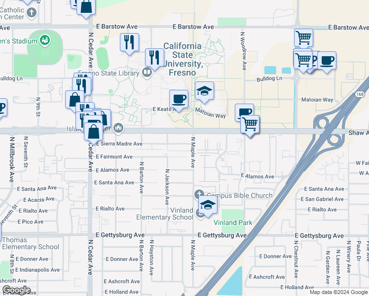 map of restaurants, bars, coffee shops, grocery stores, and more near 4575 East Fairmont Avenue in Fresno