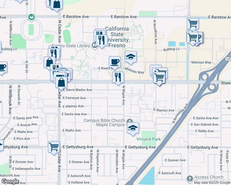 map of restaurants, bars, coffee shops, grocery stores, and more near 4575 East Fairmont Avenue in Fresno