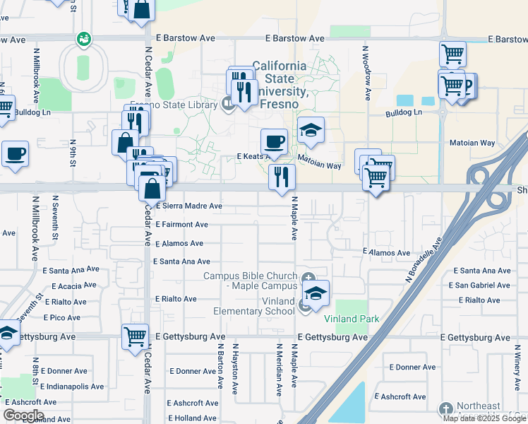 map of restaurants, bars, coffee shops, grocery stores, and more near 4575 East Fairmont Avenue in Fresno