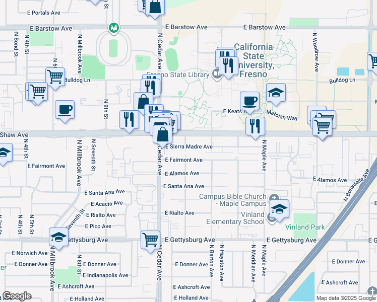 map of restaurants, bars, coffee shops, grocery stores, and more near 4455 East Fairmont Avenue in Fresno