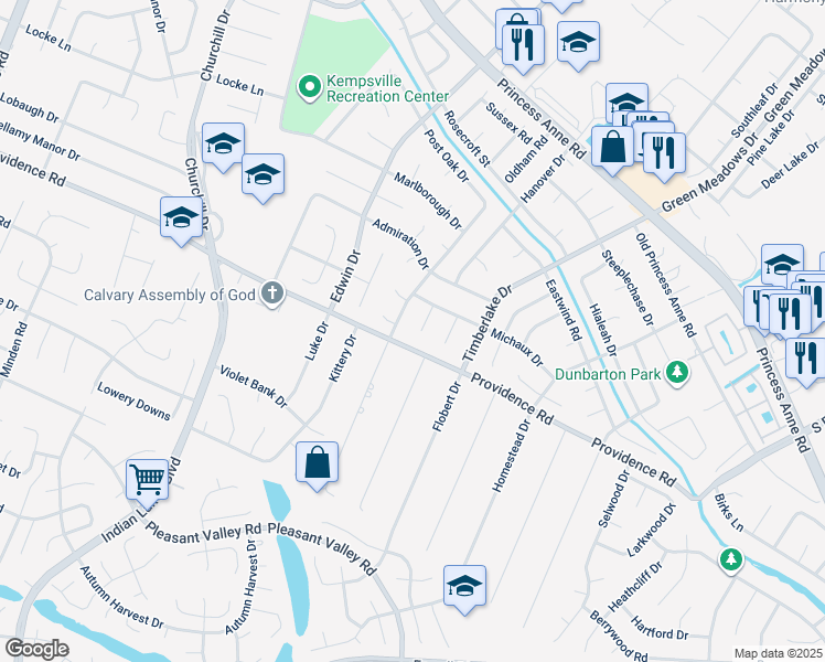 map of restaurants, bars, coffee shops, grocery stores, and more near 960 Michaux Court in Virginia Beach