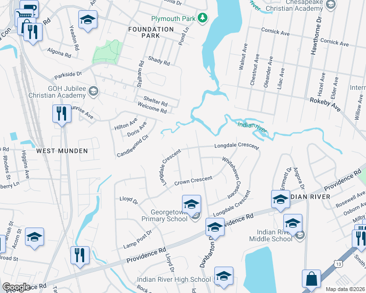 map of restaurants, bars, coffee shops, grocery stores, and more near 453 Longdale Crescent in Chesapeake