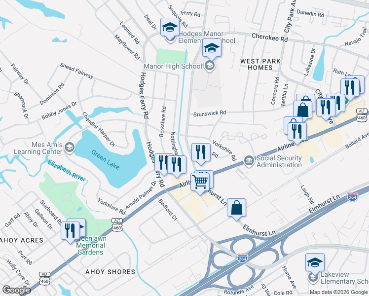map of restaurants, bars, coffee shops, grocery stores, and more near 2000 Elmhurst Lane in Portsmouth