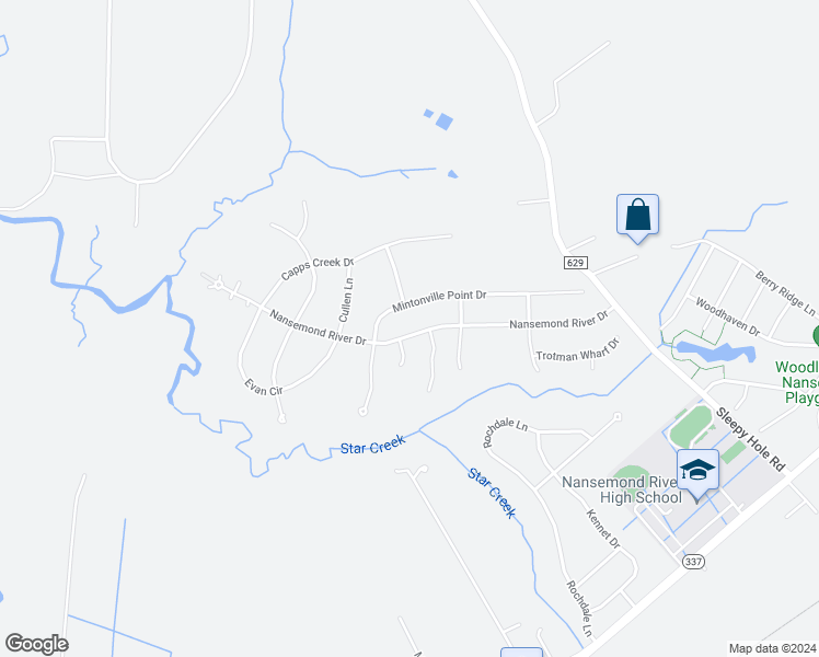 map of restaurants, bars, coffee shops, grocery stores, and more near 3342 Nansemond River Drive in Suffolk