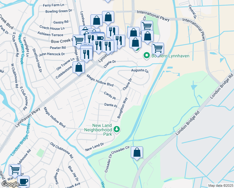 map of restaurants, bars, coffee shops, grocery stores, and more near 2901 Cardini Place in Virginia Beach