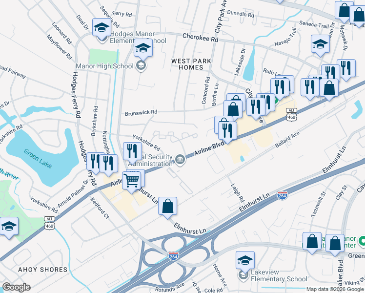 map of restaurants, bars, coffee shops, grocery stores, and more near 3300 Airline Boulevard in Portsmouth