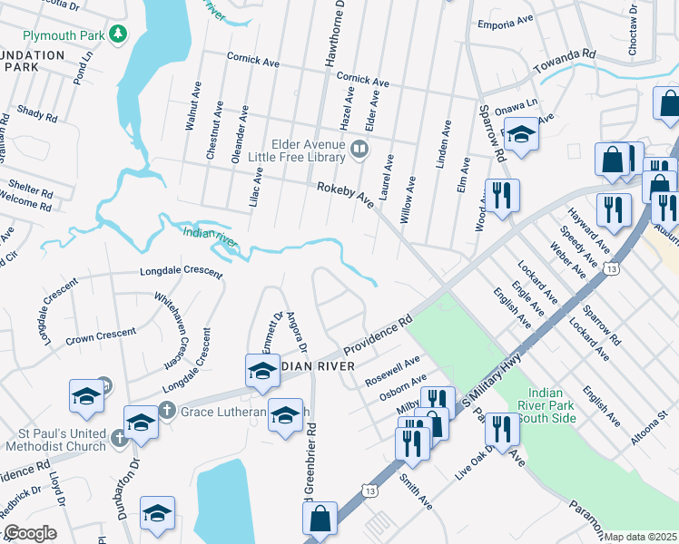 map of restaurants, bars, coffee shops, grocery stores, and more near 2449 Lindbergh Avenue in Chesapeake
