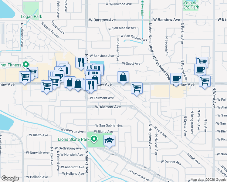 map of restaurants, bars, coffee shops, grocery stores, and more near 4948 North Holt Avenue in Fresno