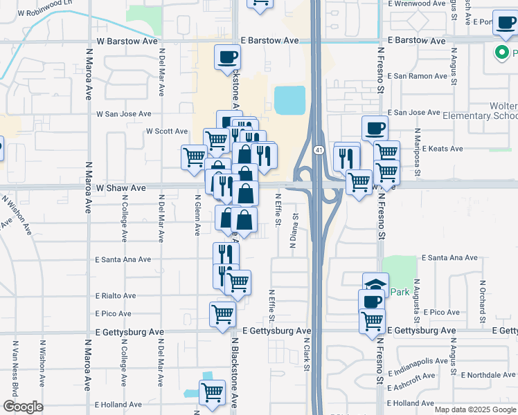 map of restaurants, bars, coffee shops, grocery stores, and more near 4915 North Effie Street in Fresno