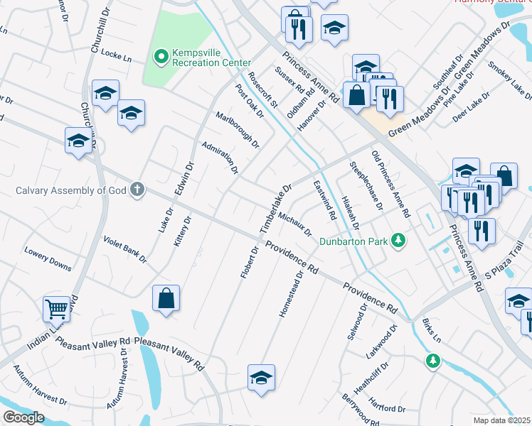 map of restaurants, bars, coffee shops, grocery stores, and more near 4813 Michaux Drive in Virginia Beach