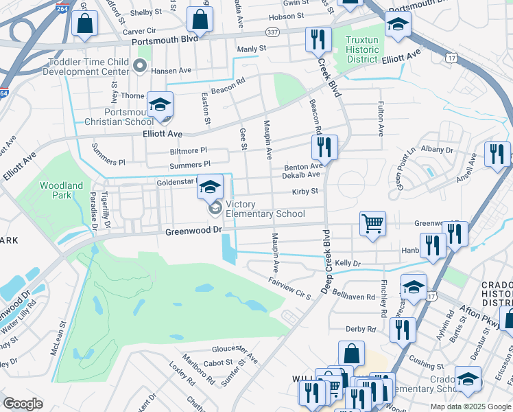 map of restaurants, bars, coffee shops, grocery stores, and more near 122 Appomattox Avenue in Portsmouth