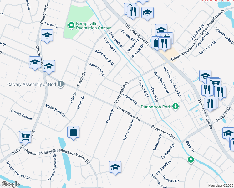 map of restaurants, bars, coffee shops, grocery stores, and more near 4813 Michaux Drive in Virginia Beach