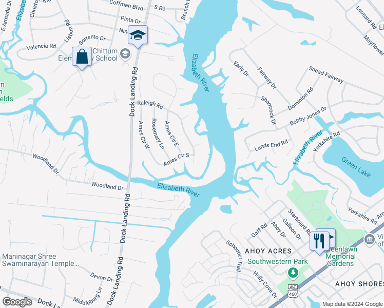 map of restaurants, bars, coffee shops, grocery stores, and more near 4272 Raleigh Road in Chesapeake