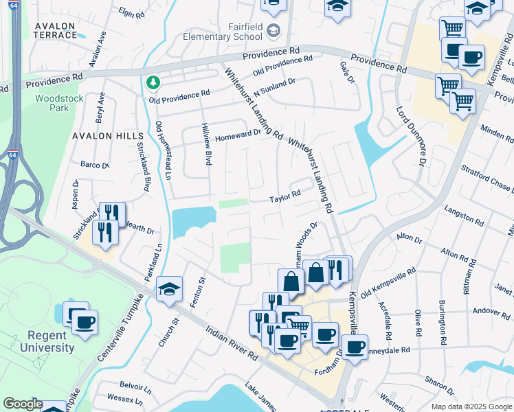 map of restaurants, bars, coffee shops, grocery stores, and more near 1088 Taylor Road in Virginia Beach