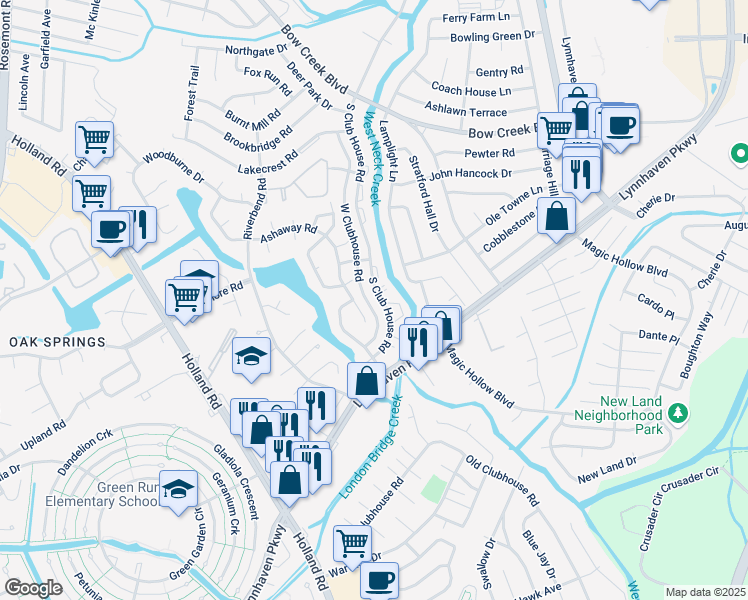 map of restaurants, bars, coffee shops, grocery stores, and more near 957 South Club House Road in Virginia Beach