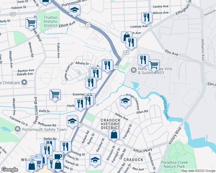 map of restaurants, bars, coffee shops, grocery stores, and more near 927 Suburban Parkway in Portsmouth