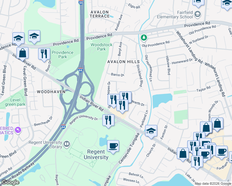 map of restaurants, bars, coffee shops, grocery stores, and more near 5640 Woodruff Circle in Virginia Beach